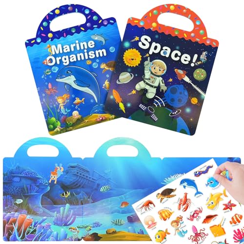 AYESY Stickers Book per Bambini, 2 Pezzi Libro a Tema Spazio e Oceano con Riutilizzabile 3D Adesivi e 40+ Stickers Creativi per Bambini Giochi Educativi Libro Adesivi Attacca e Stacca per 1-6 Anni