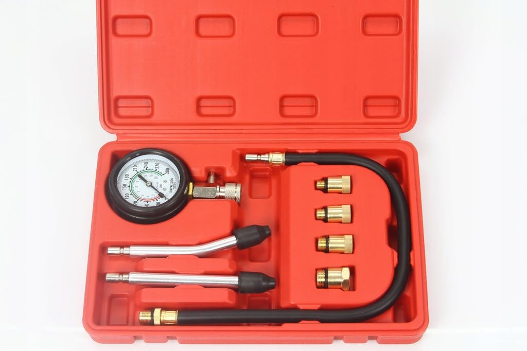 Set per la Misurazione della Pressione di Compressione nei Cilindri dei Motori Benzina | 8 Pezzi | 0-300 psi | Tubo Flessibile 49 cm | con Valigetta