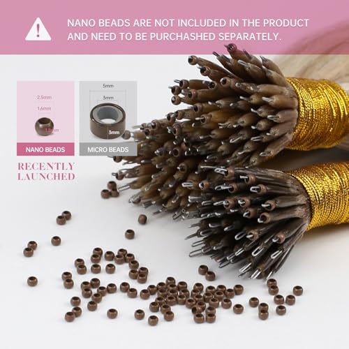 Image of YoungSee Nano Ring Hair Extensions Brown Highlight Nano Bead Hair Extensions Human Hair Light Brown Highlight Platinum Blonde Nanos Hair Extension Lightweight Hair for Wedding 20 inch 50 Strands 50g