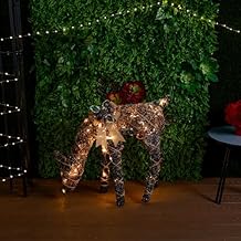 Alpine Corporation 29" Tall Natural Twig Wrapped Rattan Grazing Deer with Warm White LED Lights, Indoor/Outdoor Christmas Holiday Yard Decor Garden Display