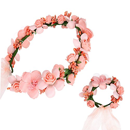 Flower Wreath Crown Adjustable Floral Headband Garland with Flower Wrist Band for Wedding Festival Party ( Pink )