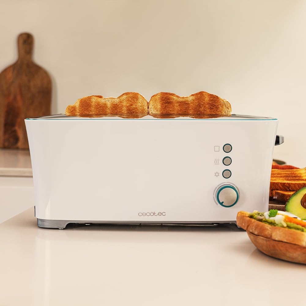 Cecotec Toster Toast&Taste Extra W,1000W mocy, Podwójne gniazdo XL dla grubych chlebów, System samocentrujący, 7 pozycji prażenia, Automatyczny wyrzut, Zbieranie okruchów