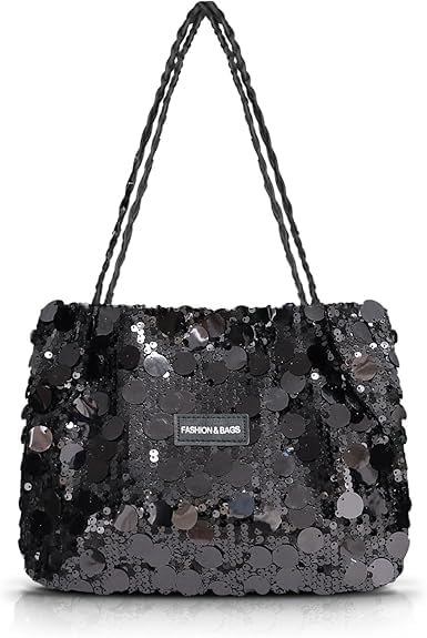 Korean Sequin Hobo Shoulder Hand Bags For Women Stylish Latest Glitter Party Evening Handbags Big Size Tote Bag Fancy Wedding Ladies Purse Braided Handle Sling Side bag Gift For Girls (Black)-picture-19