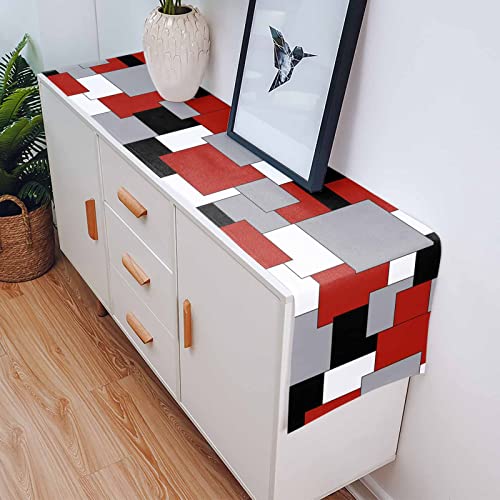 Irregular Geo Cotton Linen Table Runner Dresser Scarves,White Grey Black Red Abstract Geometric Table Runners For Dinning Table,Farmhouse Kitchen Decor,Holiday Dinner Decoration-13X36 Inch #TOP4