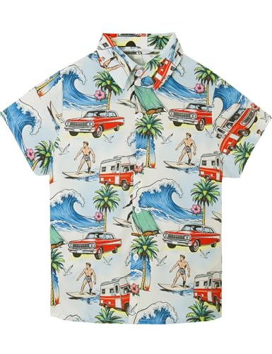 Image of Boys Hawaiian Shirt Kids Button Down Aloha Beach Hawaii Tops 5-14Y | Quick Dry, Breathable, Cooling & Lightweight, For Summer Vacation Holiday, Fourth of July, Youth, Teen, Shark, Dinosaur