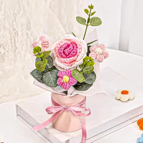 Image of Nostrae by Ekhasa Pink With White Crochet Flowers Bouquet (Small Size) | Knitted Flowers For Gifting | Woolen Bouquet Perfect For Crochet Gifts | Handmade Bouquets Gift