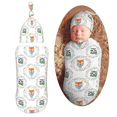 Image of Muishi Watercolor Fox Raccoon Newborn Swaddle Blankets Hat Sets Soft Baby Receiving Blanket Swaddle Sack for Baby Shower Infant Boy Girl Gift