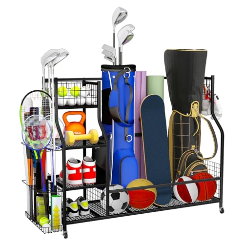 Flibaluly Organizador de equipo deportivo, color negro, 50 x 37.5 x 15.7 pulgadas, estante de almacenamiento de cochera con ruedas, almacenamiento multifuncional para juguetes al aire última