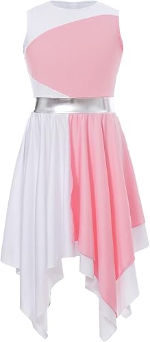 Miniatura 3 de Oyolan Vestido de baile de alabanza lírica de un hombro para niñas y niñas, sin mangas, bloque de color, túnica litúrgica para adoración