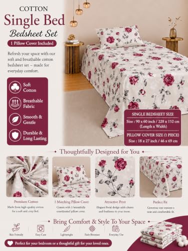 Image of IVAZA 260 TC Soft Ezyption Cotton Floral Single Bed Sheet - Single bedsheet with 1 Pillow Cover Hypoallergenic, Brethable, (Size- 90 x 60 Inch Deep Rose