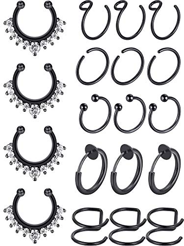 Blulu Fake Nose Ring Hoop Set Stainless Steel Nose Lip Ear Ring Piercing Jewelry Septum Ring Non-Pierced Clip On Cartilage Cuff Body Jewelry, 19 Pieces Totally, 6 Styles (Black)