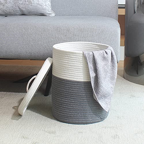 Yimi's Dream Storage Basket With Lid, Cotton Rope Woven Storage Basket, Small Storage Bins, Nursery Organizers And Storage, Baby Toy Laundry Basket (White & Grey, 12D X 13.5H Inches) #TOP2