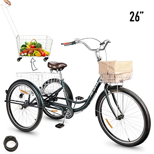 3-Wheeled Adult Tricycle with Removable Basket, 26\" Wheels Trike for Men and Women, Single Speed Cruise Bike, Exercise Bike for Recreation and Shopping, Water-Proof Bag and Bicycle Bell