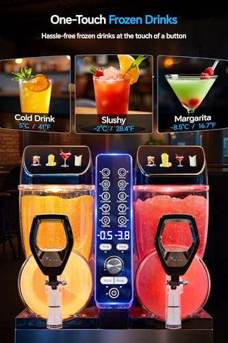 Image of 30L Commercial Slushie Machine, 2-Tank Frozen Drink Maker for Margarita | Slushie Machine Wine Frappe, 8 Gal LED Stand-up Slush Dispenser Bar Restaurant Party 1000W Fast Cool Auto Clean ETL Listed