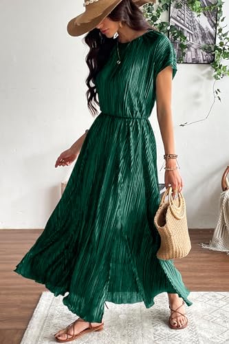Image of CCTOO Womens Summer Maxi Dresses: Casual Short Sleeve Crewneck Slit Sundress Ruffle Pleated Long Flowy Party Cocktail Dress