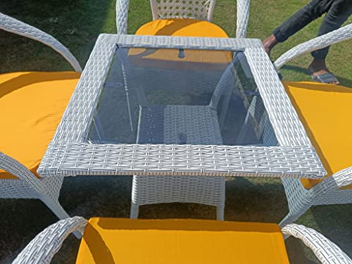 Image of Anaya Decor D-8 Chairs Table Set 4+1 Wicker Patio Furniture Sets 4 Chair and 1 Table with Cushions for Garden Balcony Bedroom Powder Coated Frame Uv Protected Wicker (Off White+Yellow)