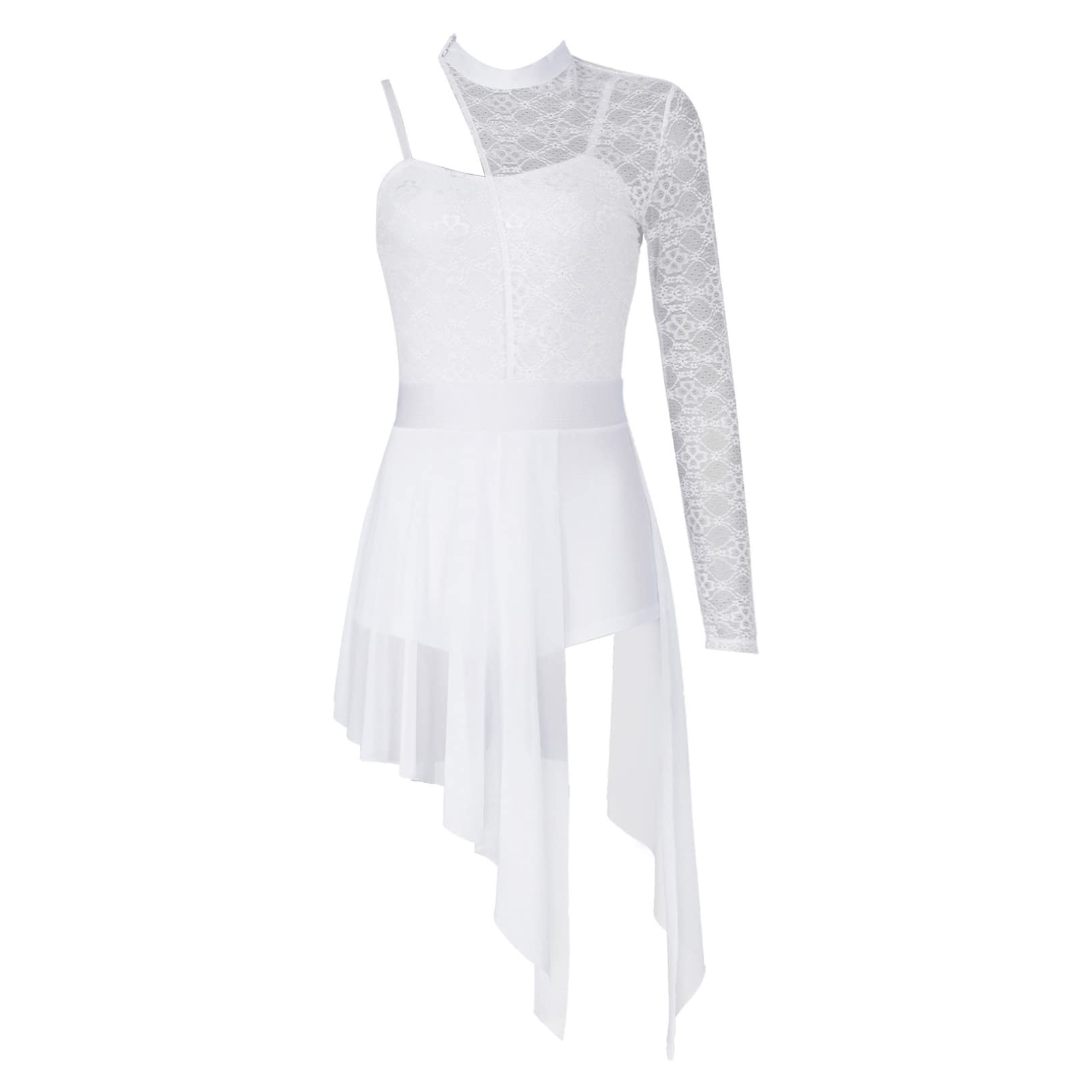 ranrann Femme Robe Danse Classique Manches Longues Une Epaule Dentelle Asymétrique Robe Danse Latine Justaucorps Gymnastique Ballet Dancewear XS-XL