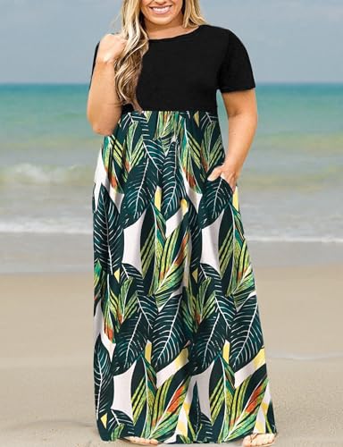 Image of Kancystore Women's Plus Size Maxi Dress with Pockets Summer Dresses XL-5X | Plus Size High Waisted Long Length Beach Dress, Empire Waist Round Neck Casual Dress, Solid Striped Floral Tie Dye Colors