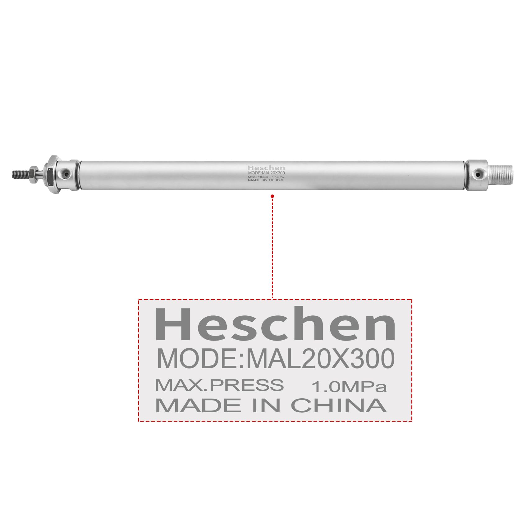 Heschen Vérin pneumatique mince, MAL 20-300, PT1/8'' Port, Alésage 20mm, Course 300mm, Double Effet