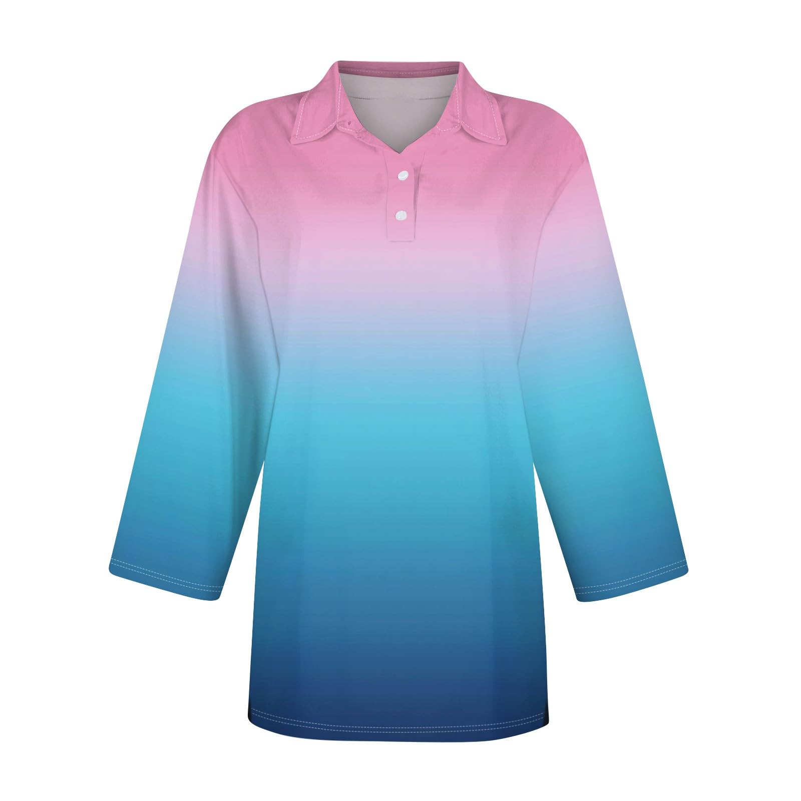 3/4 Length Sleeve Womens Tops Summer Gradient Polo Funny Golf Shirts Button Up Lapel Soft Hawaiian Holiday Business Casual Blouses Ethnic Boho Plus Size Clothes Womens Golf Shirt 2025, Blue, S