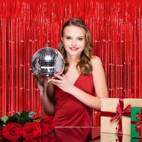 Image of 3 Pack Red Foil Fringe Curtains Backdrop, 3.28 x 9.8 Ft Metallic Streamers Tinsel Curtains Background for Photo Booth, Birthday, Halloween, Christmas, Thanksgiving, New Year Party Decorations