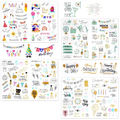 Pegatinas Cumpleaños 12 Hojas, 600+ Stickers Happy Birthday Transparentes con Tarta/Regalo/Globo, para Libro Invitados, Tarjetas, Regalos, Scrapbooking