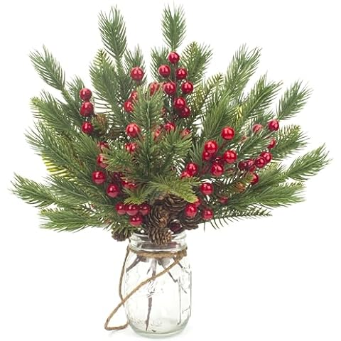 Grunyia 10 Pcs Artificial Pine Cone Picks and Red Berry Mini Artificial Pine Tree for Christmas Party Flower Wreaths and Holiday Decorations Cover