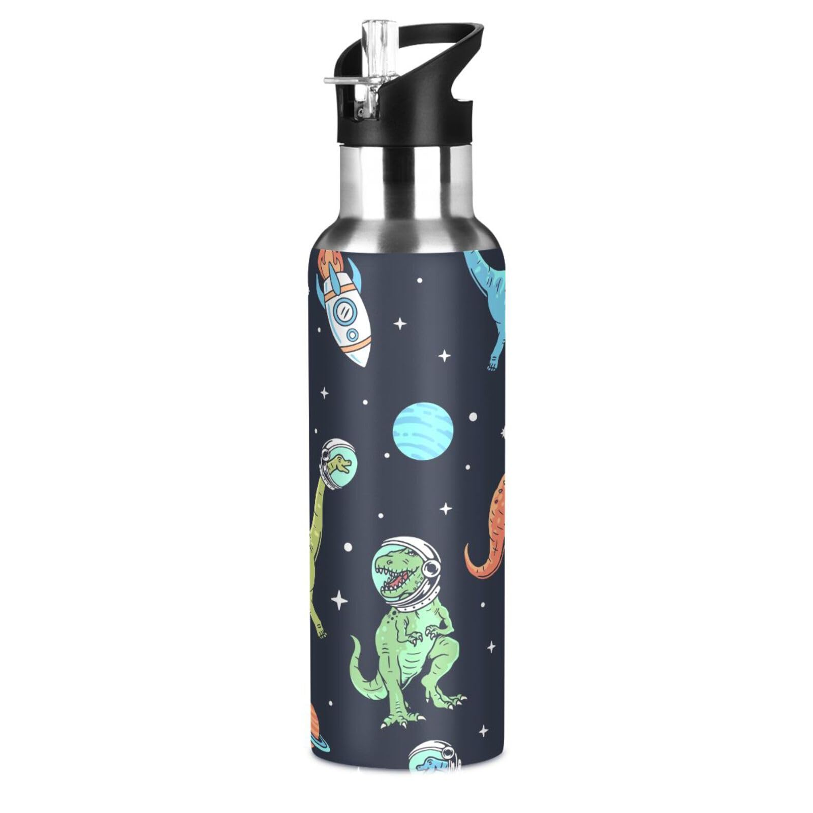 Cartoon Dinosaurs in Space Water Bottle for Boys Girls Insulated Thermos Stainless Steel Vacuum Drink Flask Straw Leakproof Sports 600 ml