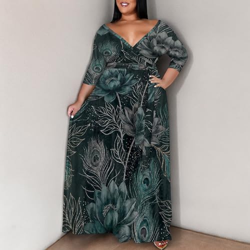 Image of SUZONANA Plus Size Maxi Dresses for Curcy Women Casual Loose 3 /4 Sleeve Long Dress with Belt