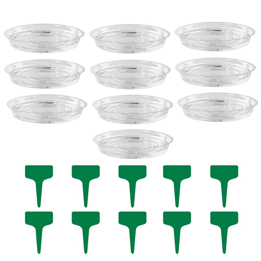 nerhemg Plant Saucers, 10pcs Clear Flower Pot Tray Drip Trays Plant Plate Dish with Plant Label for Indoor & Outdoor Plants (6 inch / 8inch / 10inch / 12inch) 12Inch
