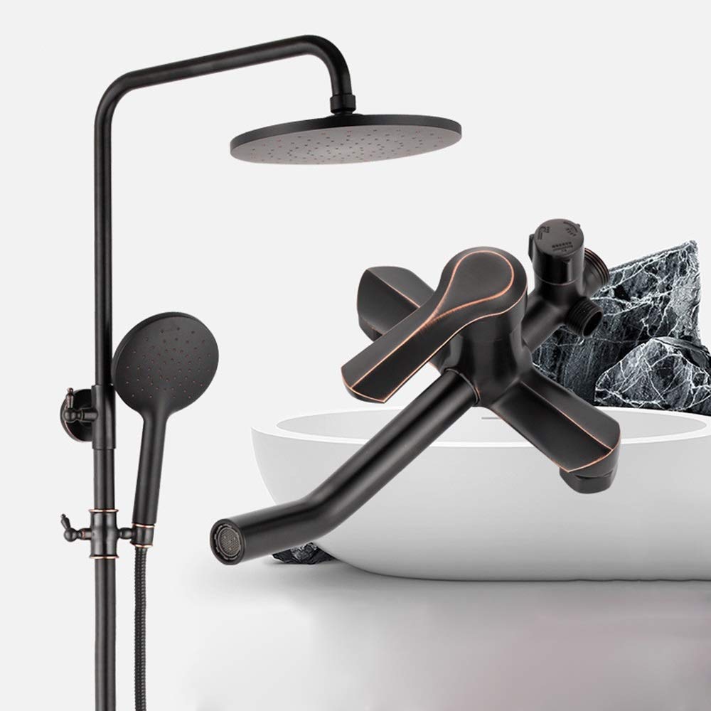 GLJTUO Shower system, Brass Shower Faucet And Cold Shower Set 20cm Round Top Spray Shower System 3 Modes Black Lifting Household durable