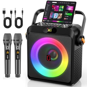 JYX Karaokê com 2 Microfones Sem Fio para Adultos e Crianças, Karaoke Portatil com Luzes de RGB DJ, Suporte para BT/TF/USB/AUX, Ajuste do ECHO/BASS, Para Festas Internas e Externas