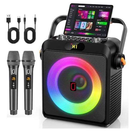 JYX Karaokê com 2 Microfones Sem Fio para Adultos e Crianças, Karaoke Portatil com Luzes de RGB DJ, Suporte para BT/TF/USB/AUX, Ajuste do ECHO/BASS, Para Festas Internas e Externas