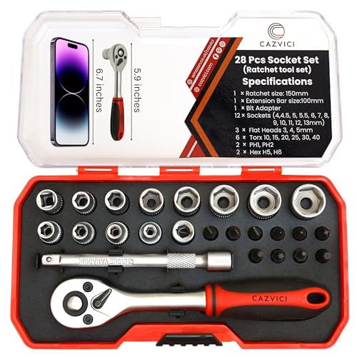 28Pack 1/4 Sockets Set & Tool – Quick Release 72-Tooth Ratchet Set with Extension Bar, Bit and Sockets – Chrome Vanadium Metric Tool Kit for Home, DIY & Car Repair (Socket Set)