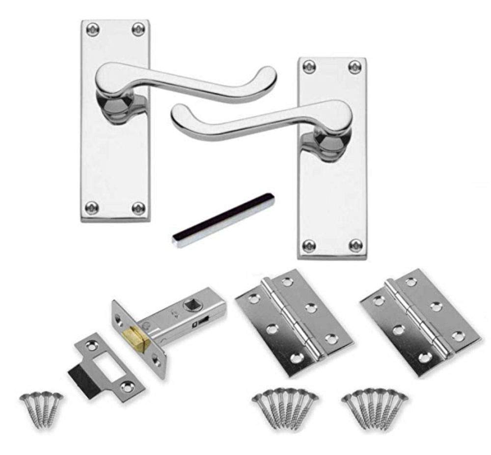 Carlisle Brass Polished Chrome - Victorian Scroll Lever Latch Door Handles, 64Mm Mortice Tubular Latch And Hinges Set For Internal Doors (Polished Chrome)