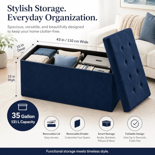 Image of ALASDO 43 Inch Folding Storage Ottoman Bench with Hidden Storage, Velvet Storage Ottoman Foot Rest Stool, End of Bed Bench for Bedroom, Living Room, Entryway and Closet, Navy Blue