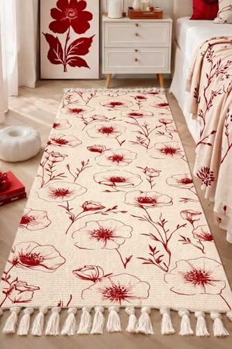 Image of Hand Woven 100% Natural Cotton Export Quality Designer Rug,Carpet, Bed Side Runner for Bedroom,Living Room, Size-2x5 feet. (Maroon Flower)