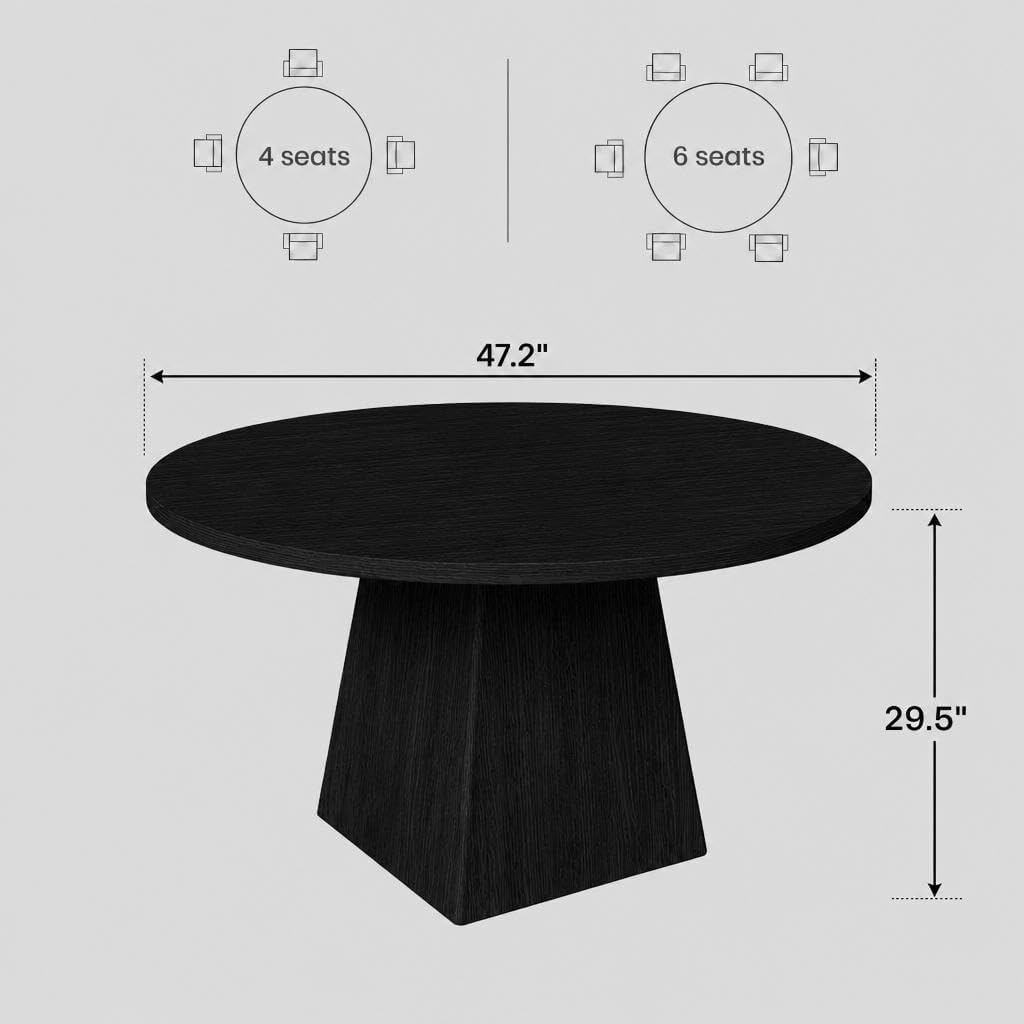 GarveeHome Table à Manger Ronde 47" pour 4-6 pers, Plateau épais 1,18", Base carrée Stable, Style Moderne Farmhouse, idéale Petits espaces - Noir gaufré
