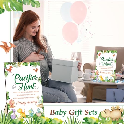 Image of Thyle 51 Pcs Dinosaur Pacifier Hunt Baby Shower Games Include Dinosaur Theme Hunt Sign and 50 Acrylic Pacifiers for It's a Boy Baby Shower Game Decoration Gift Sets Gender Reveal Party Decor