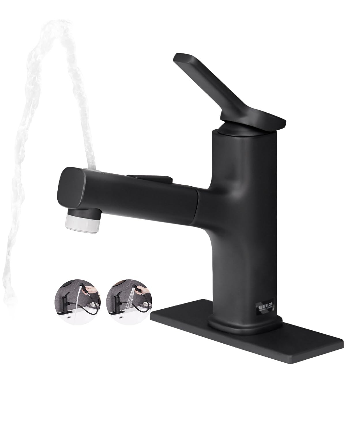 Pull Out Bathroom Faucet, Single Handle Bathroom Sink Faucet with Pull Out Sprayer, Bathroom Faucet for Sink, with Pop-up Drain & Deck Plate 1 or 4-inch Centerset 3 Hole, Matte Black