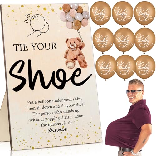 Image of Roowest 51 Pcs Tie Your Shoe Baby Shower Game Sign Wooden Sign Greenery Gift Sets Gender Reveal Party Favors 50 Balloons Latex Balloons for Game Wedding Supplies(Brown,Bear)