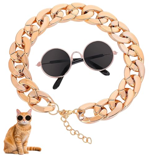 Anseom Cat Sonnenbrille Goldkette Kostümdekorationen UV-Schutz Brille für Katzen Klassische Sonnenbrille Verstellbare Kette Cosplay Kostüm Coole Foto Requisiten (1 schwarzes Glas + 1 Roségoldkette)