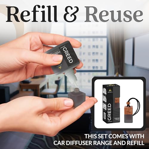 Image of Greed Gift Set with Refill Bottle | Perfume Inspired Car Fragrances | Strong Car Freshener with Odor Eliminator Technology | Greed Automotive Freshener by Perfa