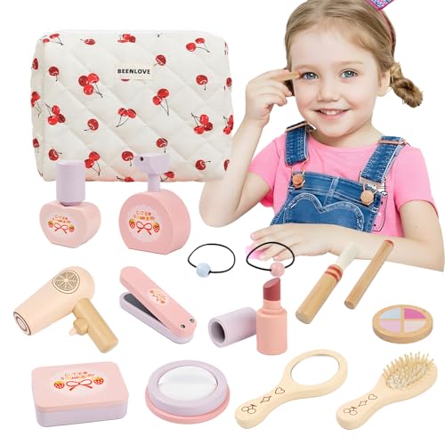 Juego de maquillaje infantil de madera, maletín de maquillaje para niñas para juegos de rol, maquillaje infantil para niñas, juego de maquillaje, juguete de madera, regalo para Navidad, cumpleaños