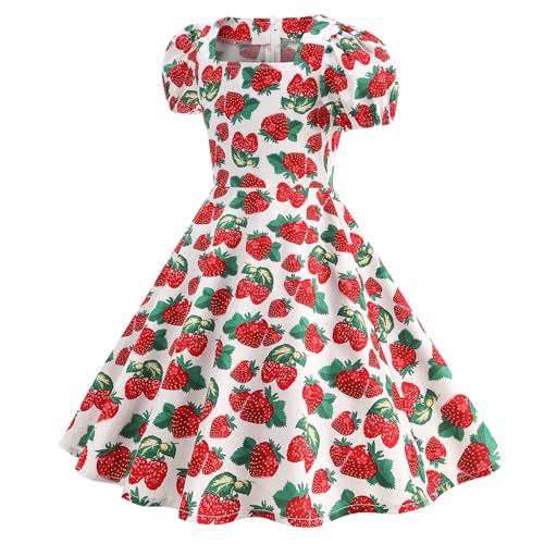 1950s Vintage Dresses for Girls Ice Cream/Strawberry/Butterfly/Mango Print Dress Short Sleeve Square Neck2