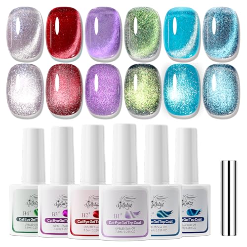 GELLAKTIK 5-in-1 Cat Eye Gel Polish Kit, 6PCS-7.5ml No Base/Top Coat Needed, All-in-One Formula, Beginner-Friendly Magnetic Nail Art Set with Magnet Sticks, Fast Curing for Home DIY Manicure