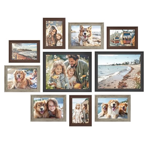 SONGMICS Picture Frames with 16 Mats, Set of 10 Collage Photo Frames, Two 8x10, Four 5x7, Four 4x6, Hanging or Table Display,12 Non-Trace Nails, Maroon Brown, Heather Greige, Ash Black URPF049K04