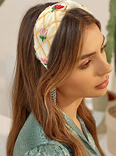 Nvenf Bead Embroidered Headbands Crystal Beaded Flower Embellished Hairbands Wide Knotted Turban Hair Hoop Trendy Hair Accessory Vacation Gifts #TOP2