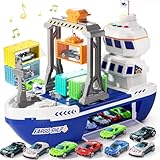 Toy Boat & Gantry Crane for Kids, Cruise Ship with 18 Mini Race Cars and 6 Containers, Cargo Ship Toy with Sounds and Lights, Boats Age 3 4 5 6 7 8 for Boys Girls Birthday Present
