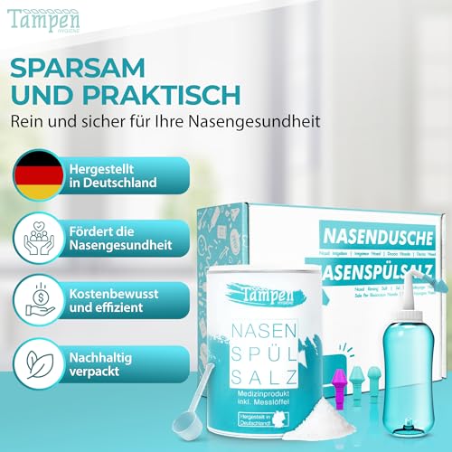 Tampen Nasendusche Erwachsene & Kinder – inkl. 120x Premium Nasenspülsalz (300g), Messlöffel & 3 Aufsätze – Nasenspülkanne - Nasenspülung mit Nasensalz für schonende Nasenreinigung - Nasal Rinse 3